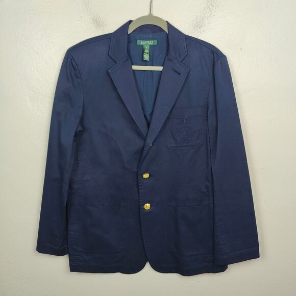 Vintage 90s Lauren Ralph Lauren Blazer Mens Medium Navy Blue Logo Emblem Preppy - Picture 1 of 9